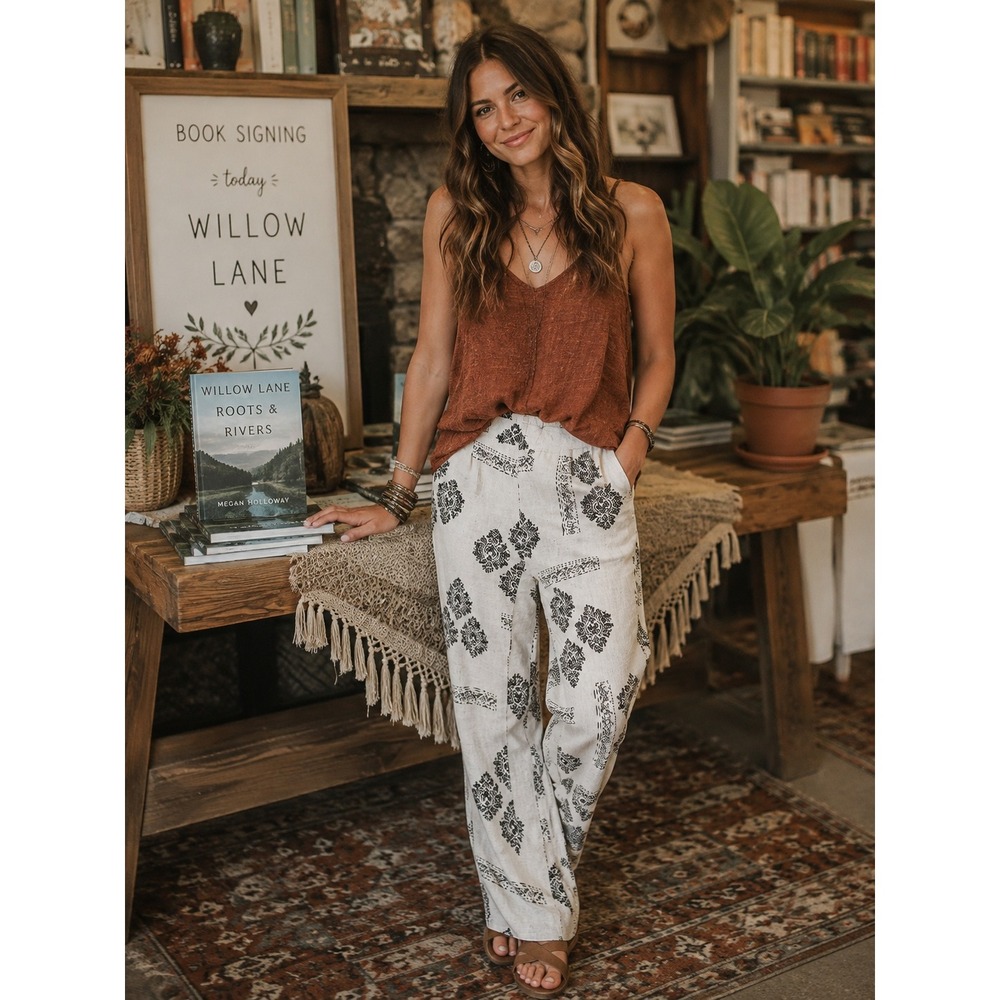 Zinzane Black Ivory Linen Blend Printed Boho Wide Leg Pants Small